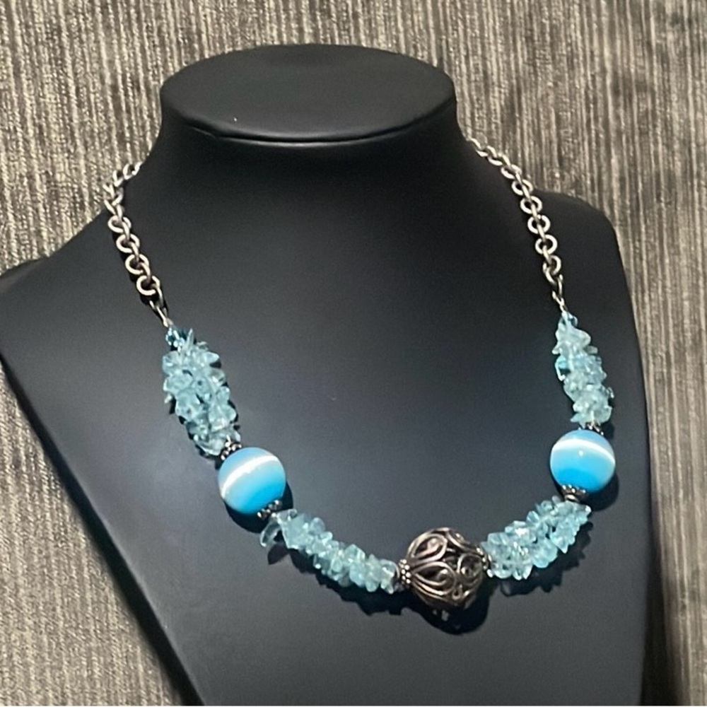 .925 Sterling TOPAZ CAT’S EYE BEADED NECKLACE real solid Silver Fine Jewelry - Picture 5 of 14